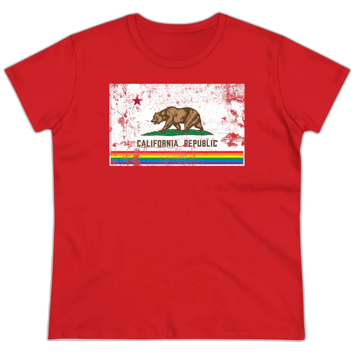 Distressed vintage California Republic flag bear with raised paw on green grass, red star above, CALIFORNIA REPUBLIC text, and rainbow pride stripes below in Red