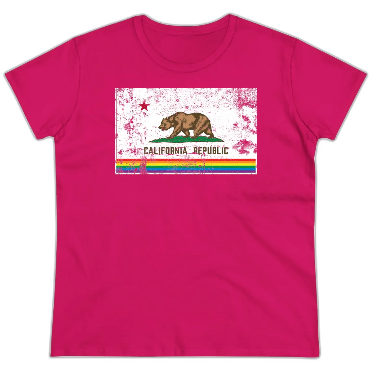 Distressed vintage California Republic flag bear with raised paw on green grass, red star above, CALIFORNIA REPUBLIC text, and rainbow pride stripes below in Heliconia