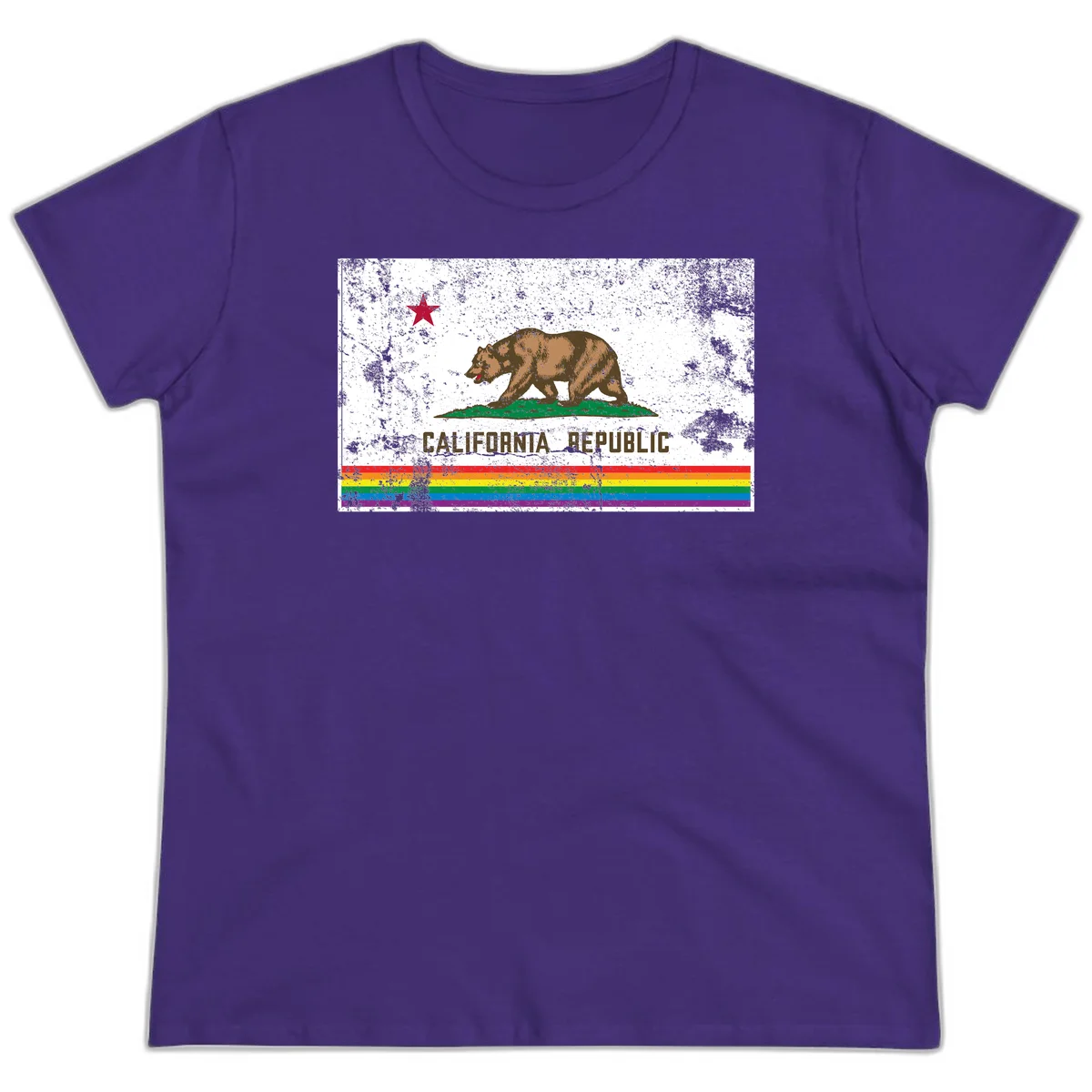Distressed vintage California Republic flag bear with raised paw on green grass, red star above, CALIFORNIA REPUBLIC text, and rainbow pride stripes below in Purple