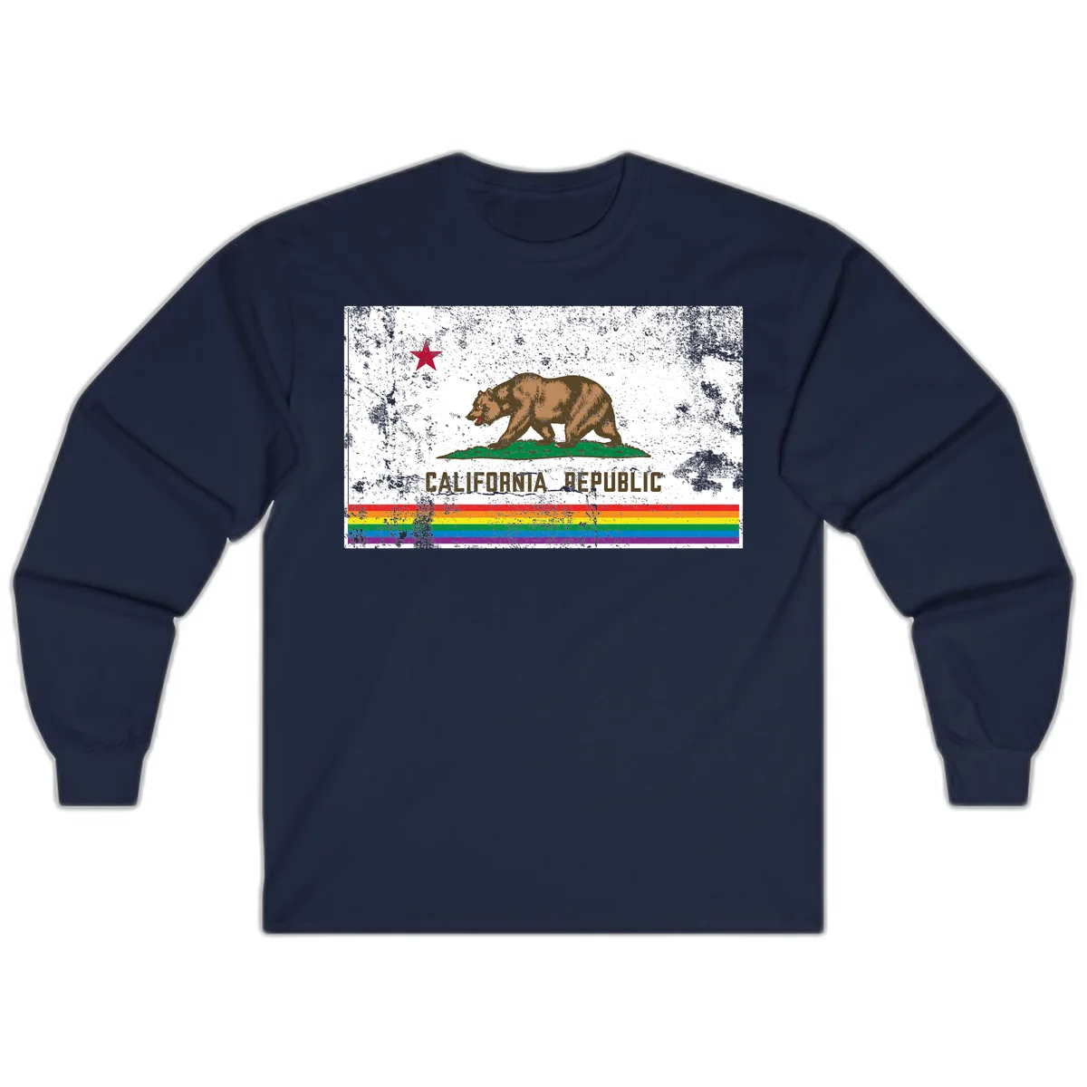 Distressed vintage California Republic flag bear with raised paw on green grass, red star above, CALIFORNIA REPUBLIC text, and rainbow pride stripes below in Navy