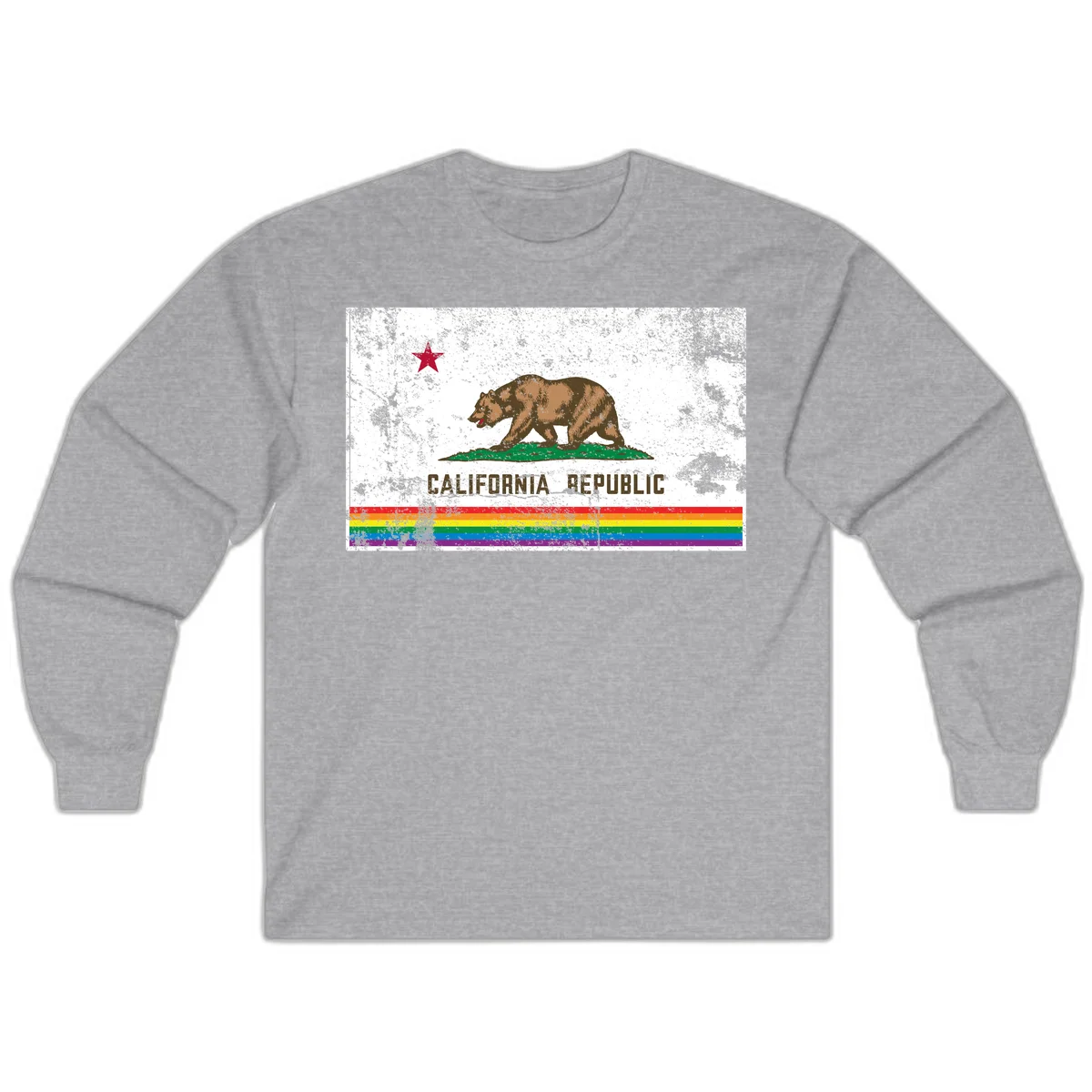 Distressed vintage California Republic flag bear with raised paw on green grass, red star above, CALIFORNIA REPUBLIC text, and rainbow pride stripes below in Sport Grey