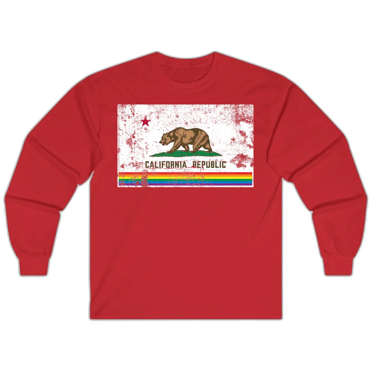 Distressed vintage California Republic flag bear with raised paw on green grass, red star above, CALIFORNIA REPUBLIC text, and rainbow pride stripes below in Red