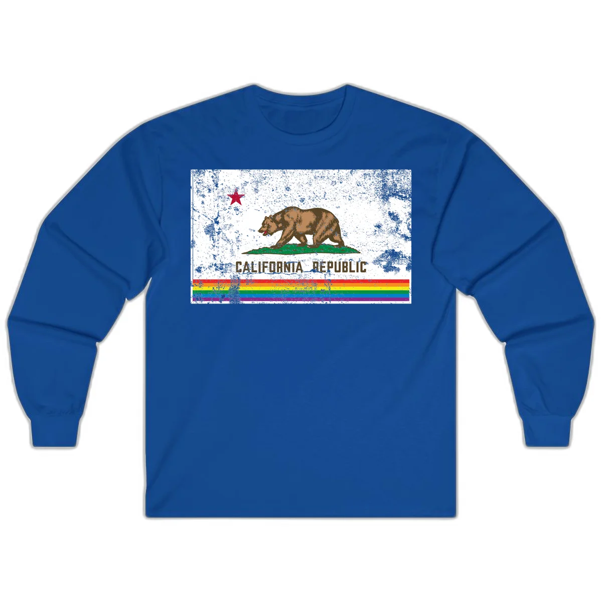Distressed vintage California Republic flag bear with raised paw on green grass, red star above, CALIFORNIA REPUBLIC text, and rainbow pride stripes below in Royal