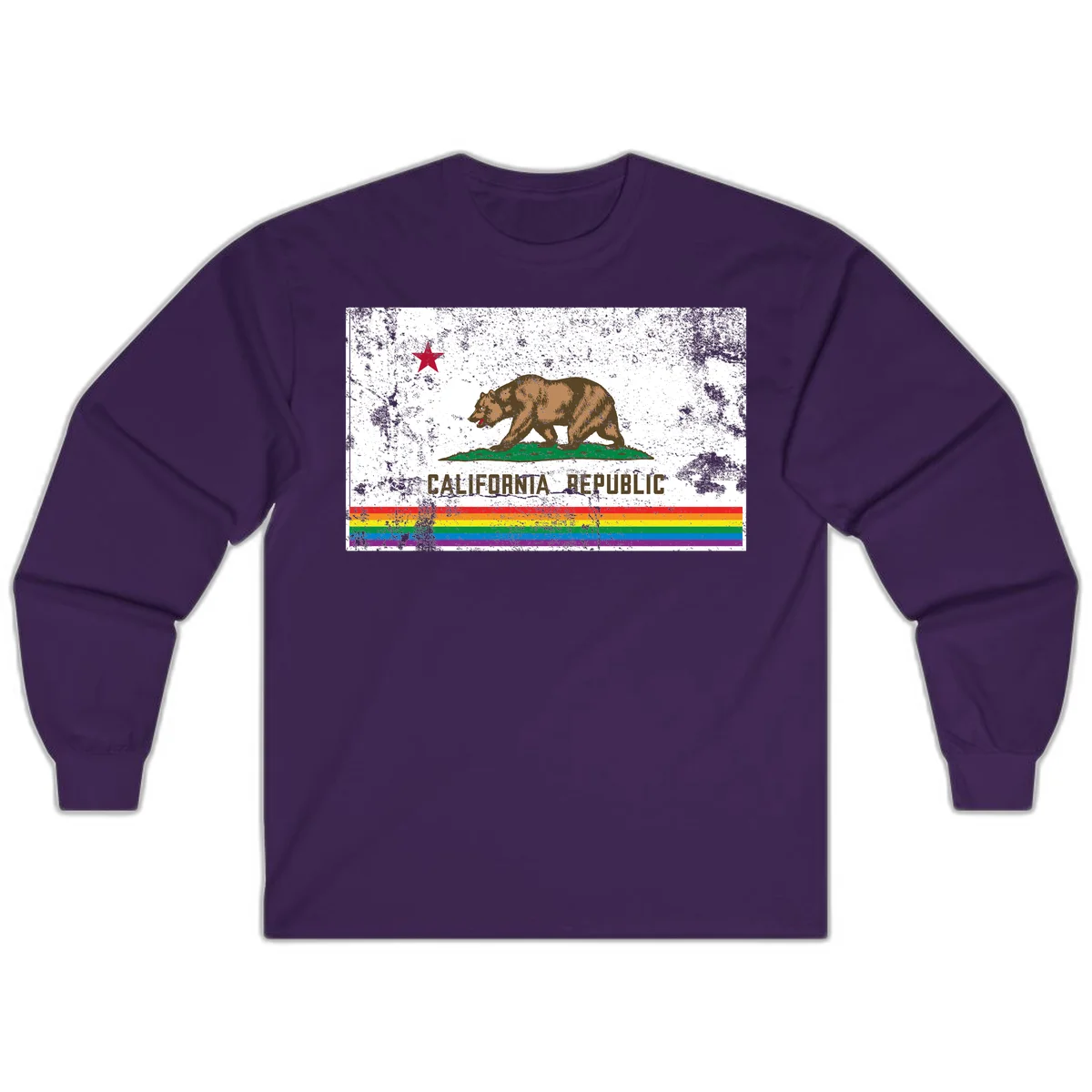 Distressed vintage California Republic flag bear with raised paw on green grass, red star above, CALIFORNIA REPUBLIC text, and rainbow pride stripes below in Purple