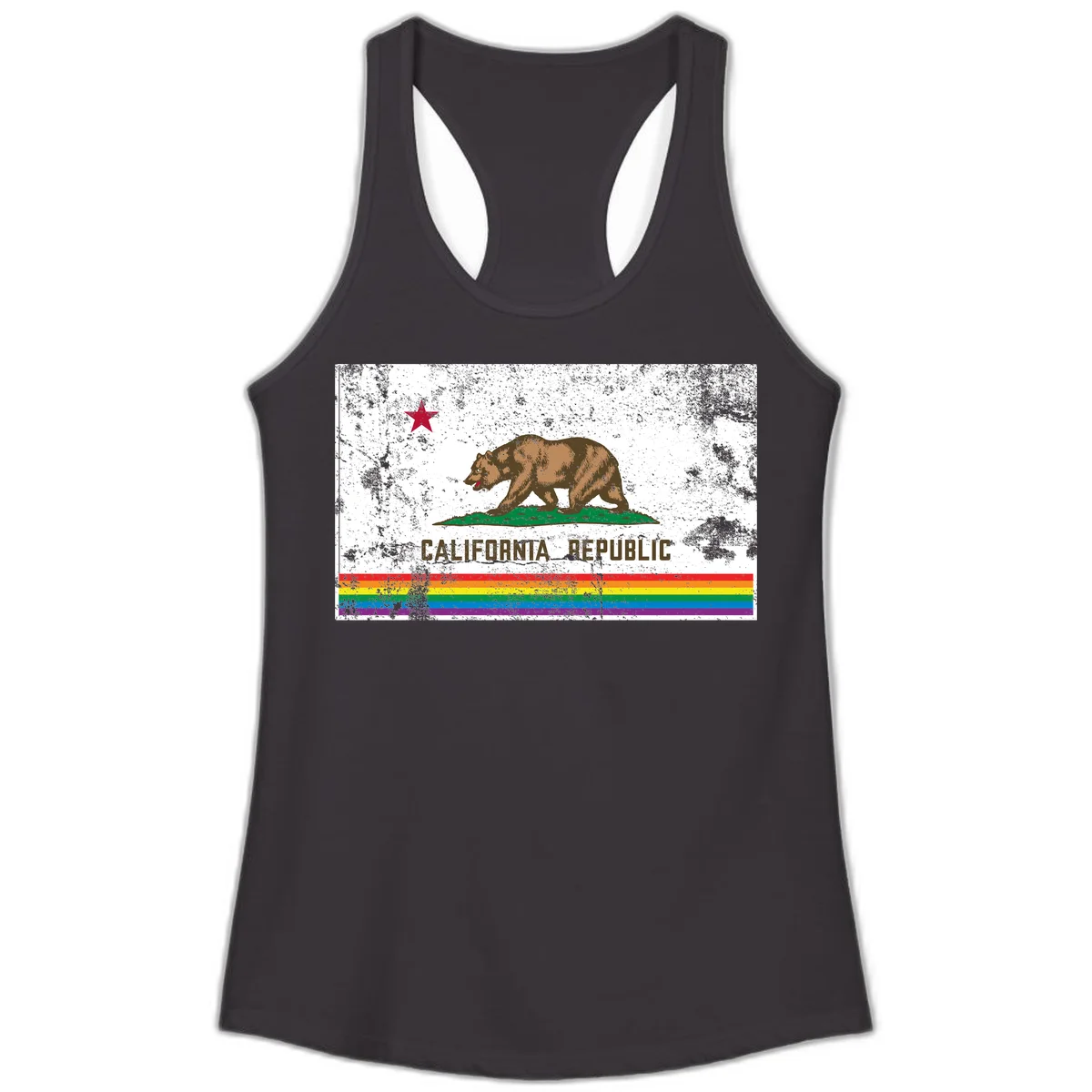 Distressed vintage California Republic flag bear with raised paw on green grass, red star above, CALIFORNIA REPUBLIC text, and rainbow pride stripes below in Black