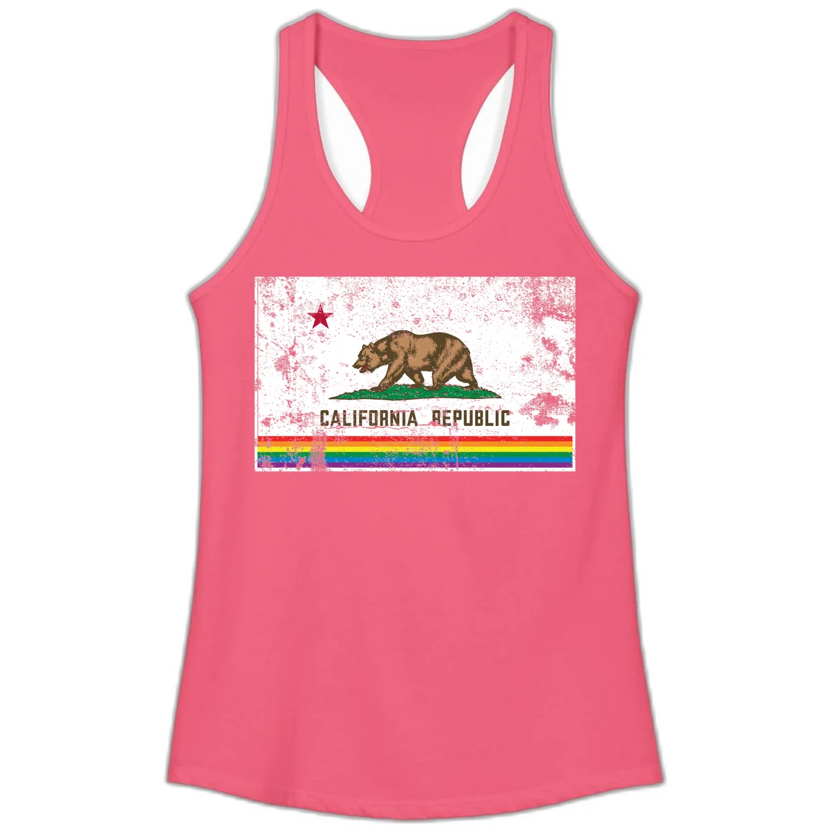 Distressed vintage California Republic flag bear with raised paw on green grass, red star above, CALIFORNIA REPUBLIC text, and rainbow pride stripes below in Hot Pink