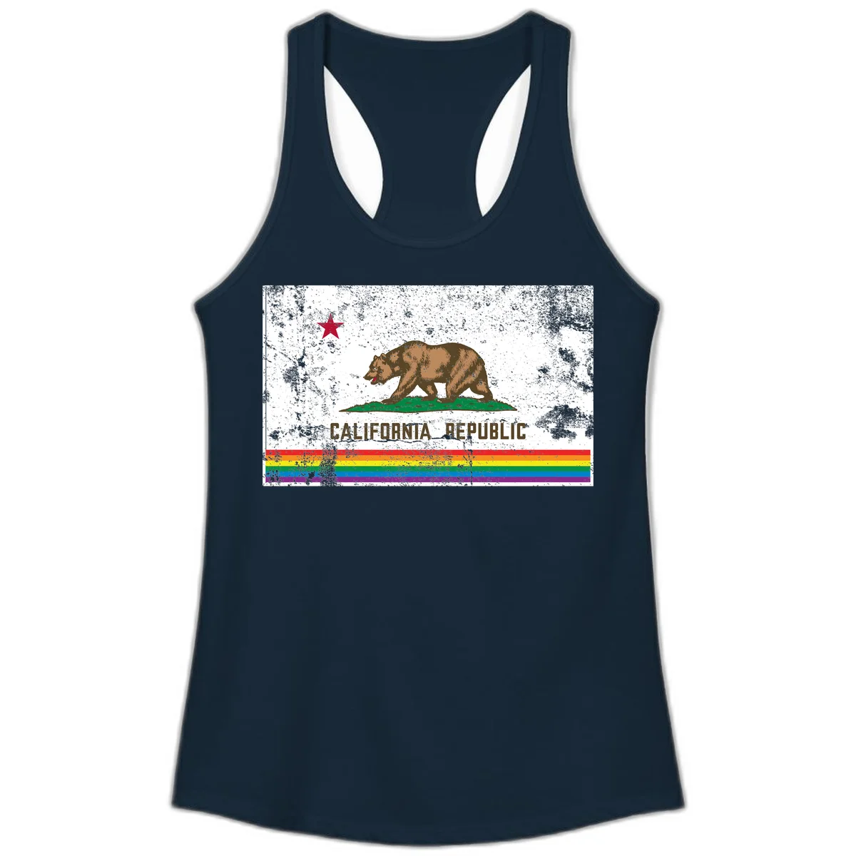 Distressed vintage California Republic flag bear with raised paw on green grass, red star above, CALIFORNIA REPUBLIC text, and rainbow pride stripes below in Solid Midnight Navy