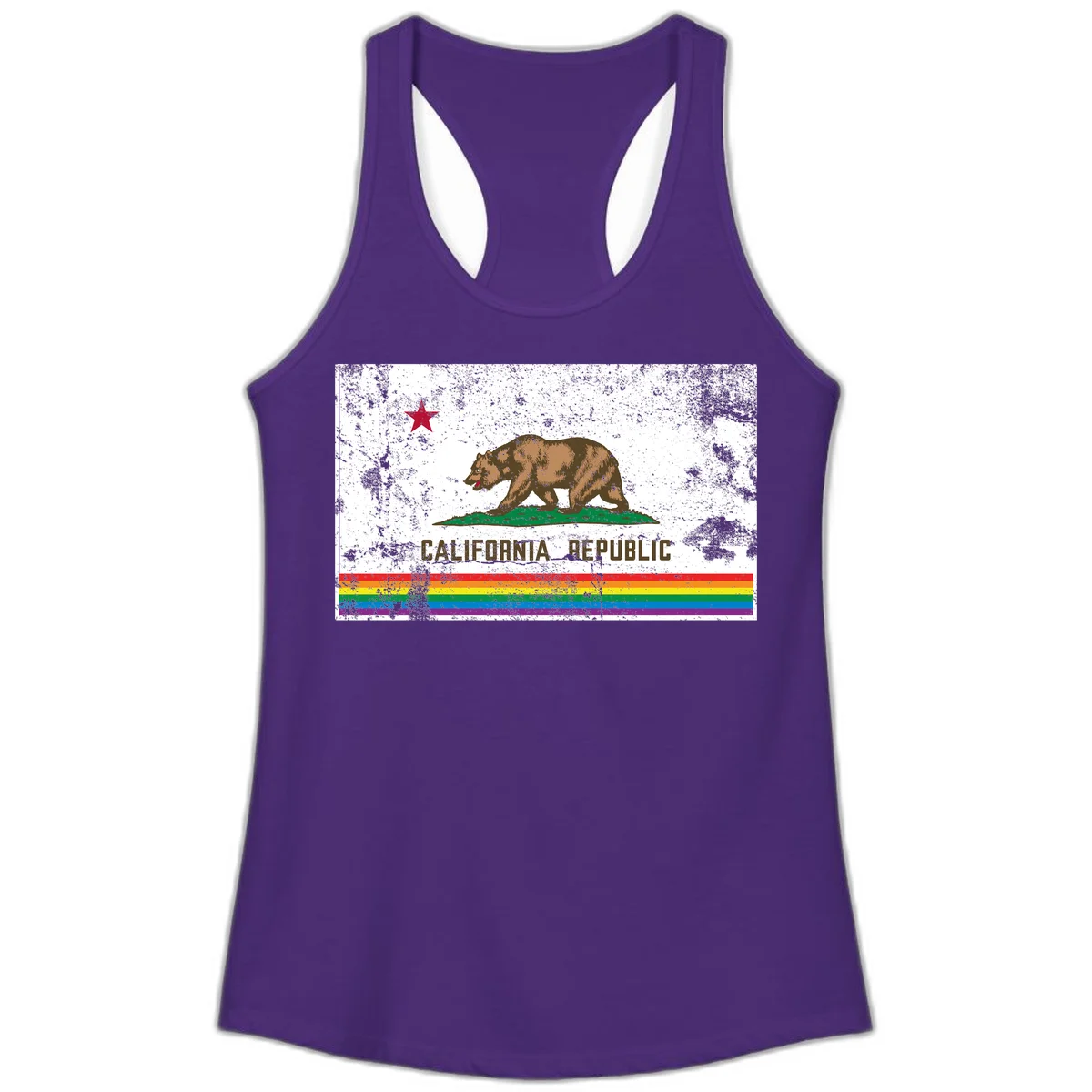 Distressed vintage California Republic flag bear with raised paw on green grass, red star above, CALIFORNIA REPUBLIC text, and rainbow pride stripes below in Solid Purple Rush