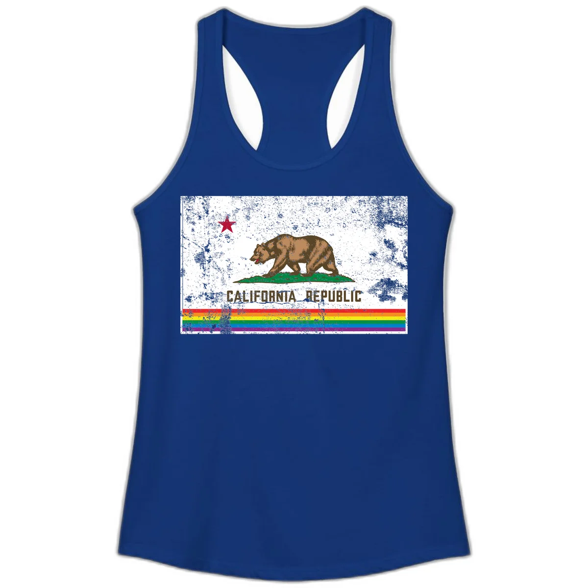 Distressed vintage California Republic flag bear with raised paw on green grass, red star above, CALIFORNIA REPUBLIC text, and rainbow pride stripes below in Solid Royal