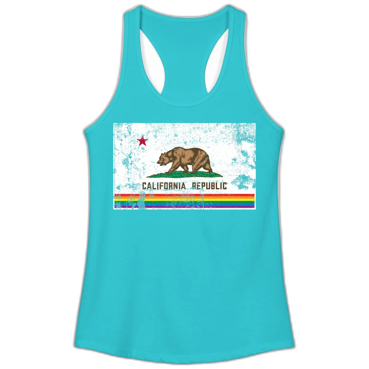 Distressed vintage California Republic flag bear with raised paw on green grass, red star above, CALIFORNIA REPUBLIC text, and rainbow pride stripes below in Solid Tahiti Blue