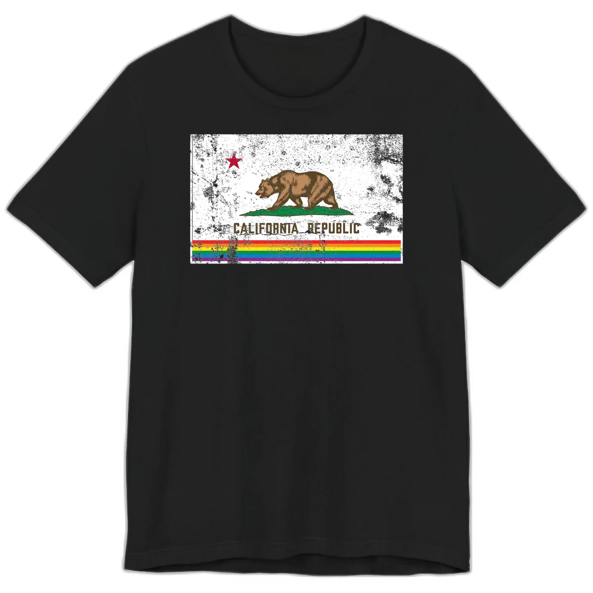 Distressed vintage California Republic flag bear with raised paw on green grass, red star above, CALIFORNIA REPUBLIC text, and rainbow pride stripes below in Black