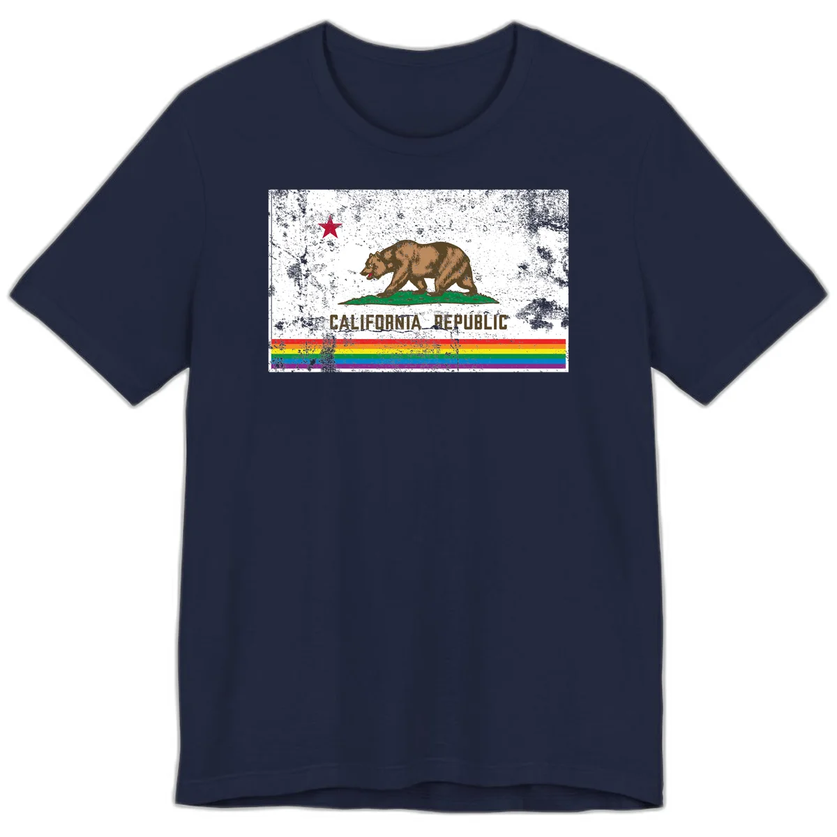 Distressed vintage California Republic flag bear with raised paw on green grass, red star above, CALIFORNIA REPUBLIC text, and rainbow pride stripes below in Navy