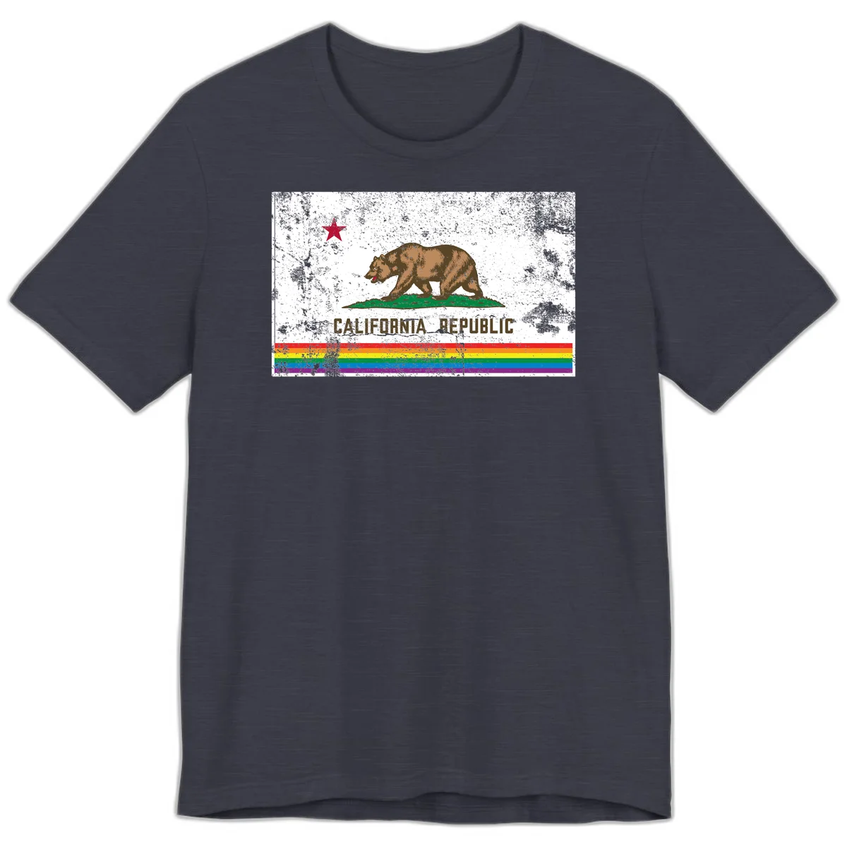 Distressed vintage California Republic flag bear with raised paw on green grass, red star above, CALIFORNIA REPUBLIC text, and rainbow pride stripes below in Heather Midnight Navy