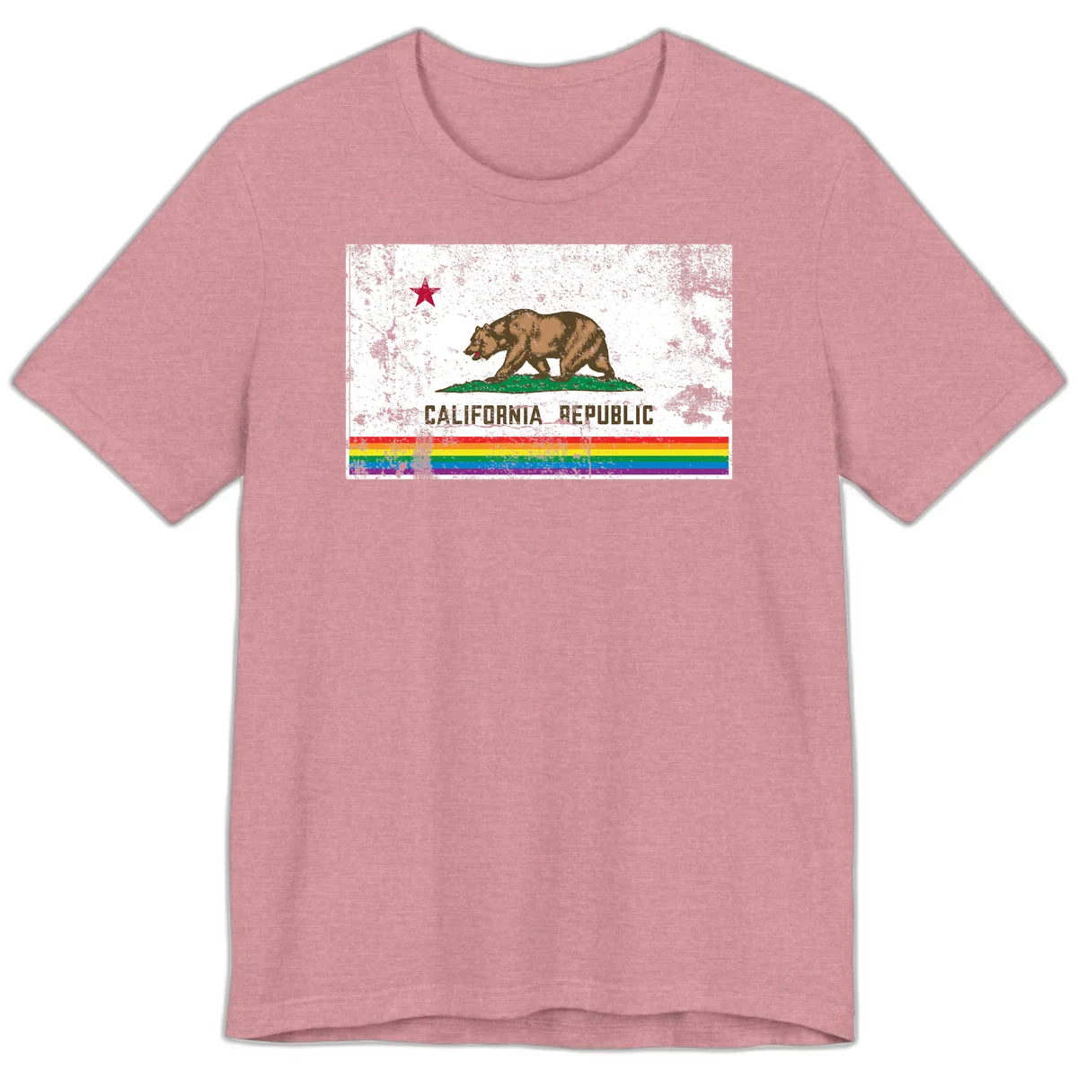 Distressed vintage California Republic flag bear with raised paw on green grass, red star above, CALIFORNIA REPUBLIC text, and rainbow pride stripes below in Heather Orchid