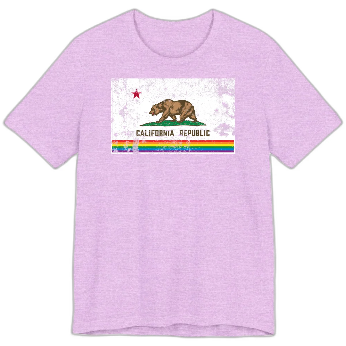 Distressed vintage California Republic flag bear with raised paw on green grass, red star above, CALIFORNIA REPUBLIC text, and rainbow pride stripes below in Heather Prism Lilac