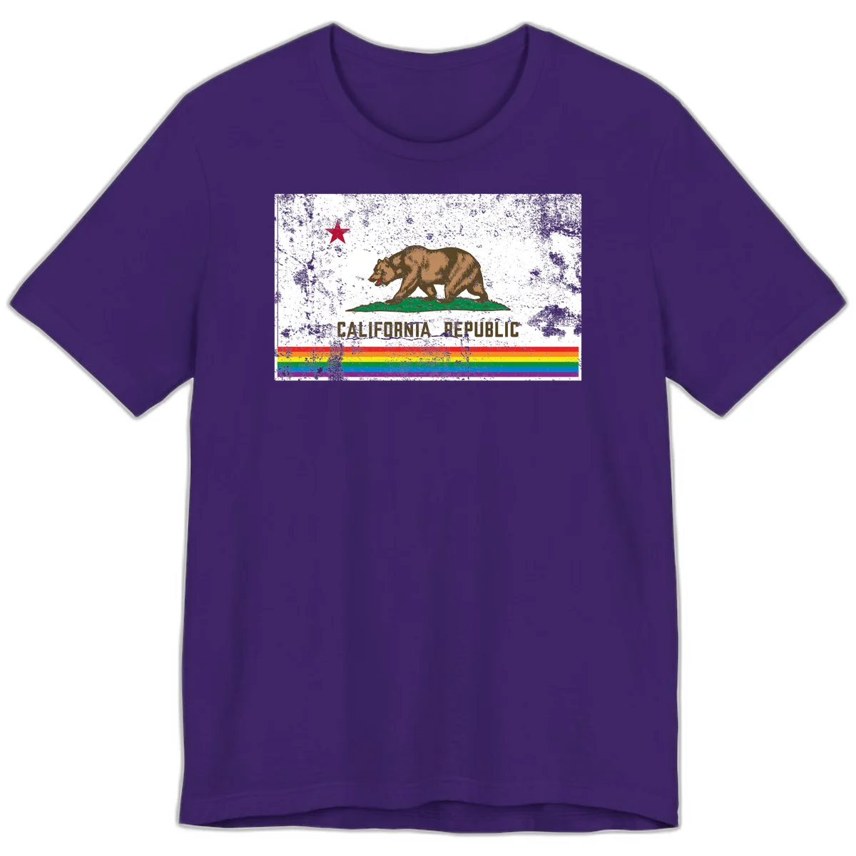 Distressed vintage California Republic flag bear with raised paw on green grass, red star above, CALIFORNIA REPUBLIC text, and rainbow pride stripes below in Team Purple