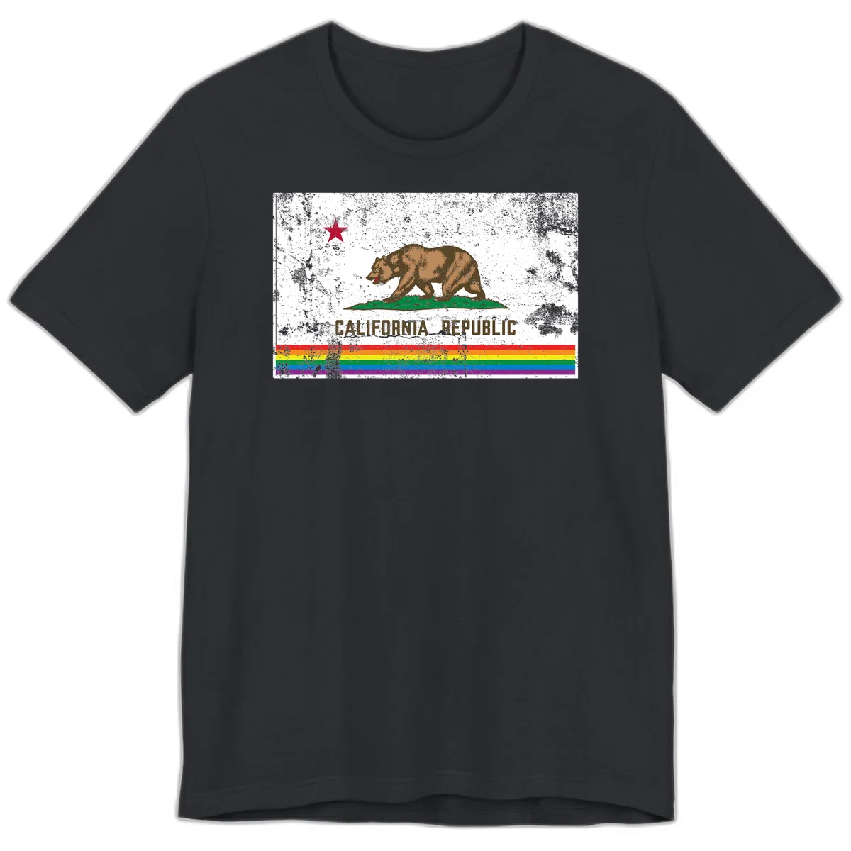 Distressed vintage California Republic flag bear with raised paw on green grass, red star above, CALIFORNIA REPUBLIC text, and rainbow pride stripes below in Vintage Black