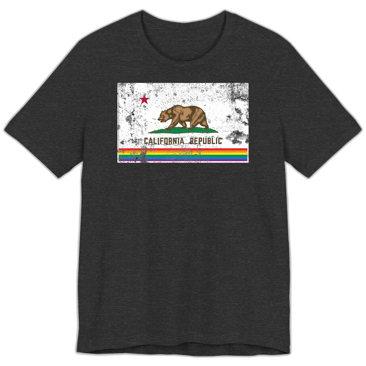 Distressed vintage California Republic flag bear with raised paw on green grass, red star above, CALIFORNIA REPUBLIC text, and rainbow pride stripes below in Dark Grey Heather