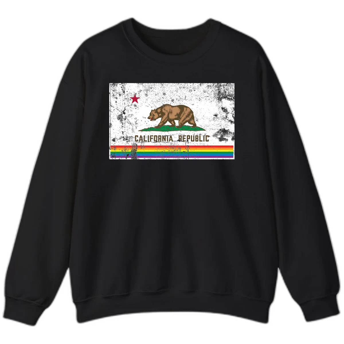 Distressed vintage California Republic flag bear with raised paw on green grass, red star above, CALIFORNIA REPUBLIC text, and rainbow pride stripes below in Black