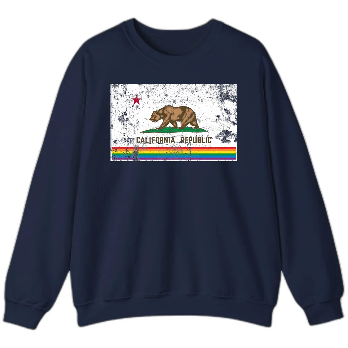 Distressed vintage California Republic flag bear with raised paw on green grass, red star above, CALIFORNIA REPUBLIC text, and rainbow pride stripes below in Navy