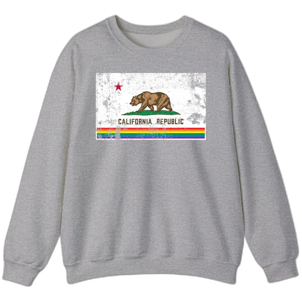 Distressed vintage California Republic flag bear with raised paw on green grass, red star above, CALIFORNIA REPUBLIC text, and rainbow pride stripes below in Sport Grey