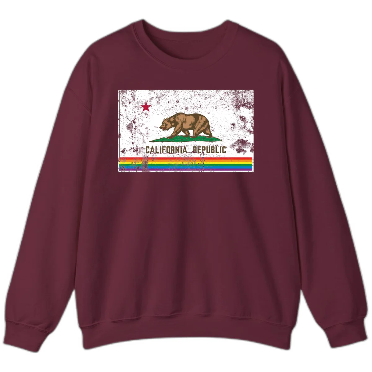 Distressed vintage California Republic flag bear with raised paw on green grass, red star above, CALIFORNIA REPUBLIC text, and rainbow pride stripes below in Maroon