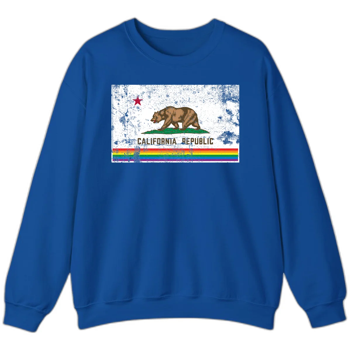 Distressed vintage California Republic flag bear with raised paw on green grass, red star above, CALIFORNIA REPUBLIC text, and rainbow pride stripes below in Royal
