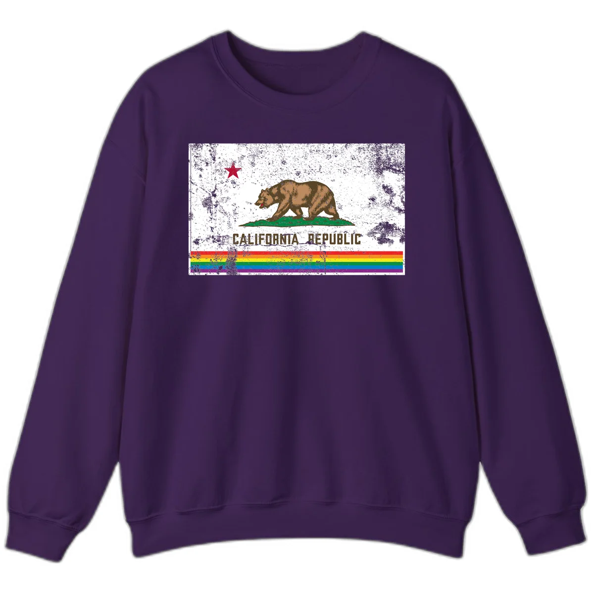 Distressed vintage California Republic flag bear with raised paw on green grass, red star above, CALIFORNIA REPUBLIC text, and rainbow pride stripes below in Purple
