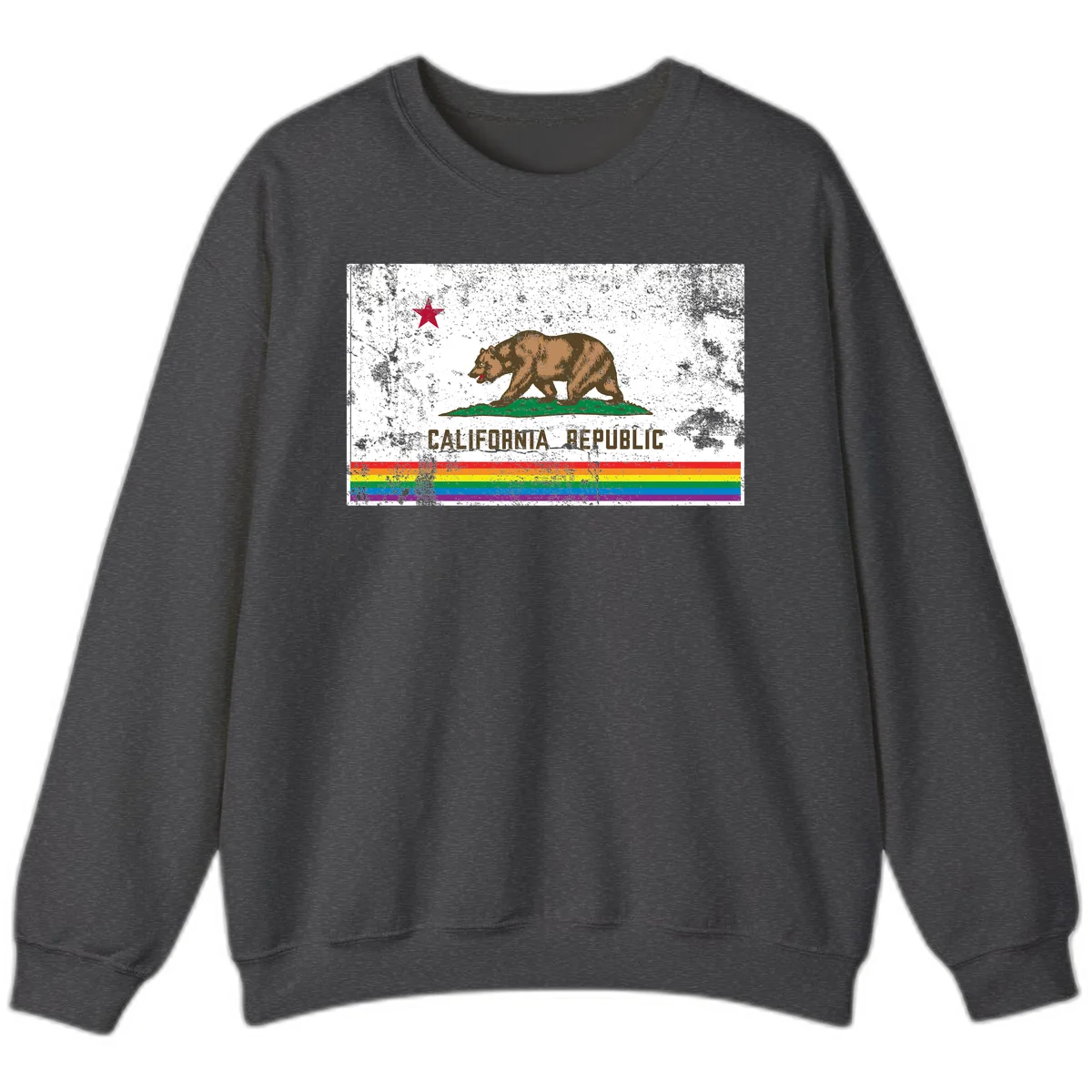 Distressed vintage California Republic flag bear with raised paw on green grass, red star above, CALIFORNIA REPUBLIC text, and rainbow pride stripes below in Dark Heather