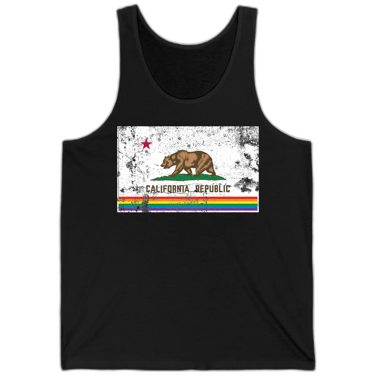 Distressed vintage California Republic flag bear with raised paw on green grass, red star above, CALIFORNIA REPUBLIC text, and rainbow pride stripes below in Black