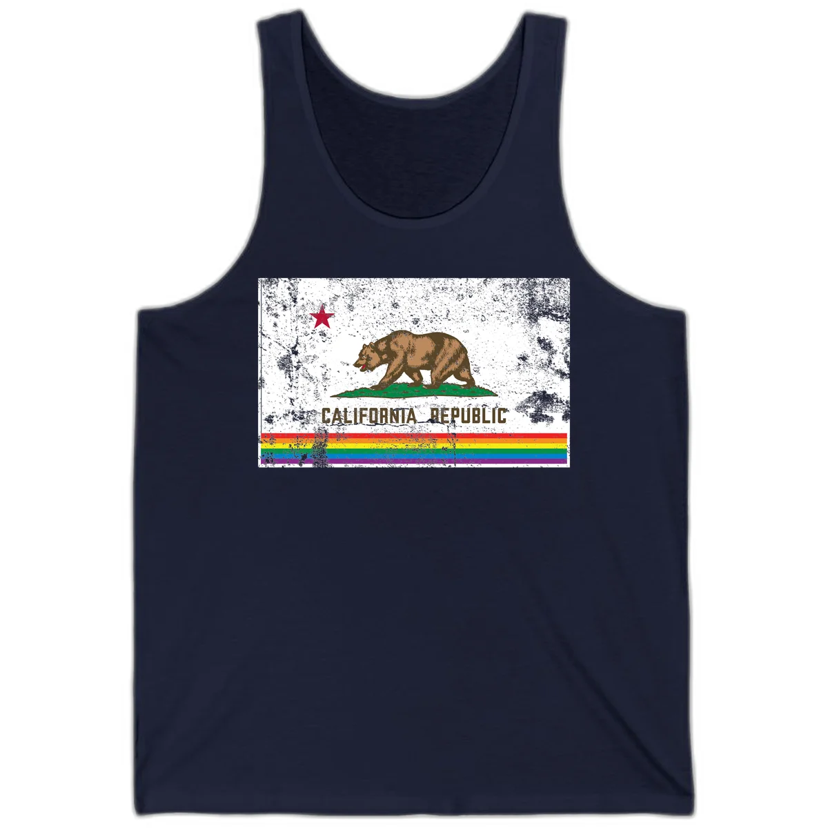 Distressed vintage California Republic flag bear with raised paw on green grass, red star above, CALIFORNIA REPUBLIC text, and rainbow pride stripes below in Navy