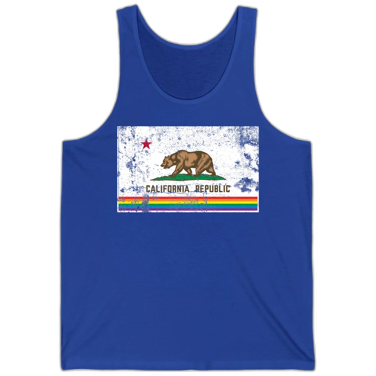 Distressed vintage California Republic flag bear with raised paw on green grass, red star above, CALIFORNIA REPUBLIC text, and rainbow pride stripes below in True Royal