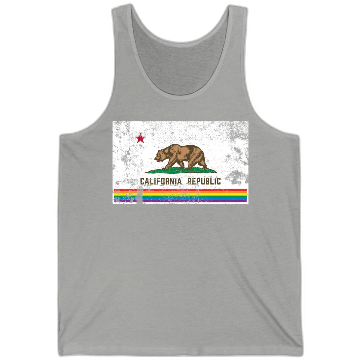Distressed vintage California Republic flag bear with raised paw on green grass, red star above, CALIFORNIA REPUBLIC text, and rainbow pride stripes below in Athletic Heather