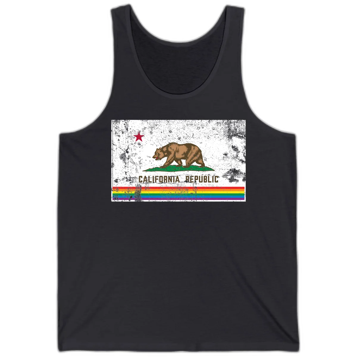 Distressed vintage California Republic flag bear with raised paw on green grass, red star above, CALIFORNIA REPUBLIC text, and rainbow pride stripes below in Dark Grey
