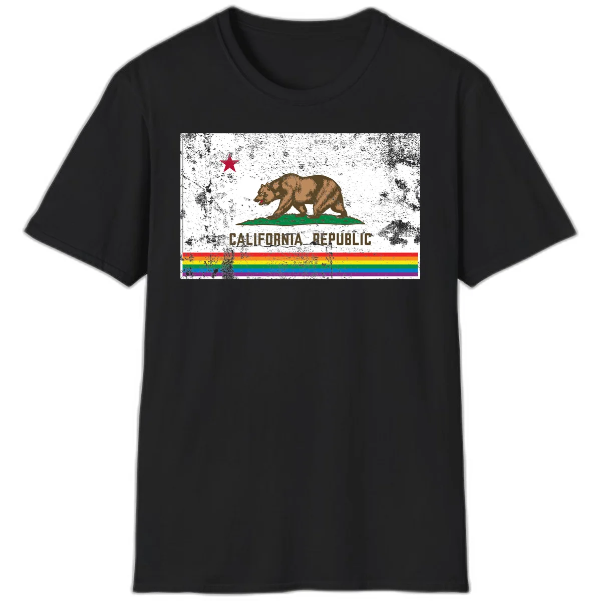 Distressed vintage California Republic flag bear with raised paw on green grass, red star above, CALIFORNIA REPUBLIC text, and rainbow pride stripes below in Black