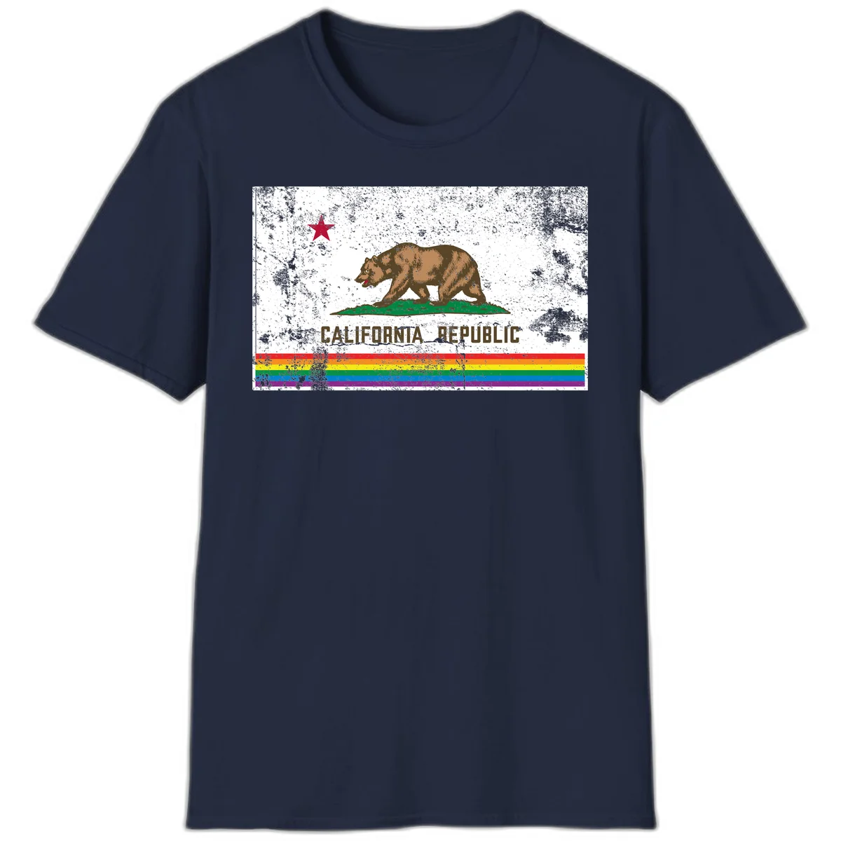 Distressed vintage California Republic flag bear with raised paw on green grass, red star above, CALIFORNIA REPUBLIC text, and rainbow pride stripes below in Navy