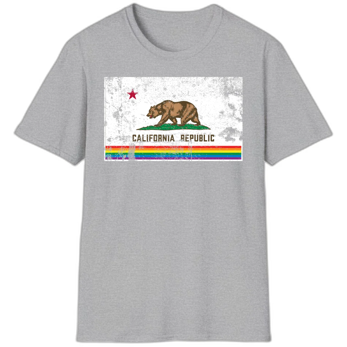 Distressed vintage California Republic flag bear with raised paw on green grass, red star above, CALIFORNIA REPUBLIC text, and rainbow pride stripes below in Sport Grey