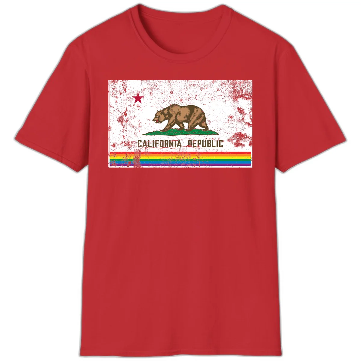 Distressed vintage California Republic flag bear with raised paw on green grass, red star above, CALIFORNIA REPUBLIC text, and rainbow pride stripes below in Red