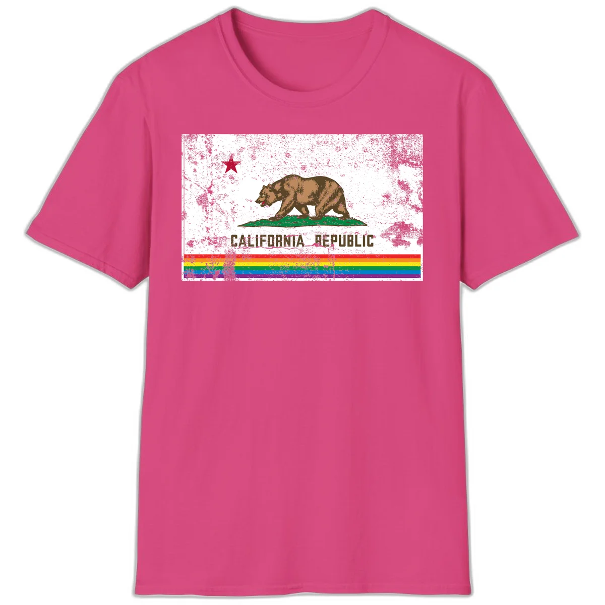 Distressed vintage California Republic flag bear with raised paw on green grass, red star above, CALIFORNIA REPUBLIC text, and rainbow pride stripes below in Heliconia