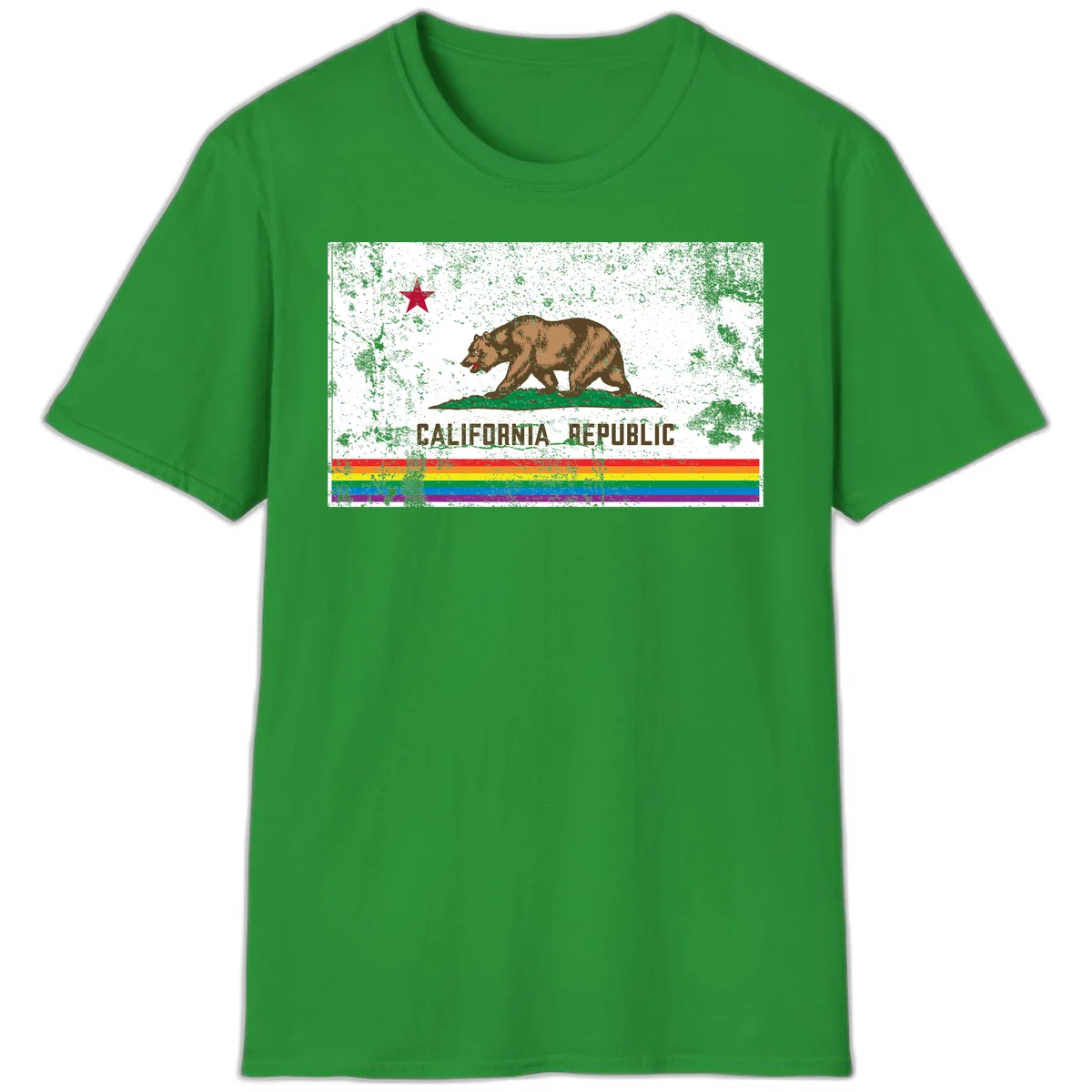 Distressed vintage California Republic flag bear with raised paw on green grass, red star above, CALIFORNIA REPUBLIC text, and rainbow pride stripes below in Irish Green