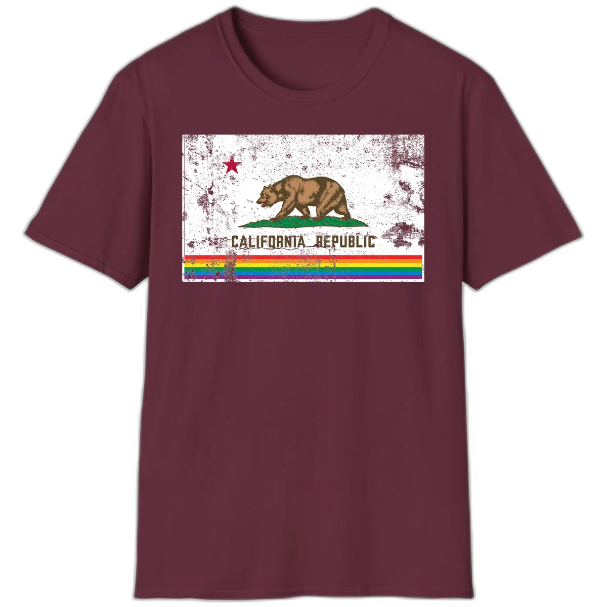 Distressed vintage California Republic flag bear with raised paw on green grass, red star above, CALIFORNIA REPUBLIC text, and rainbow pride stripes below in Maroon