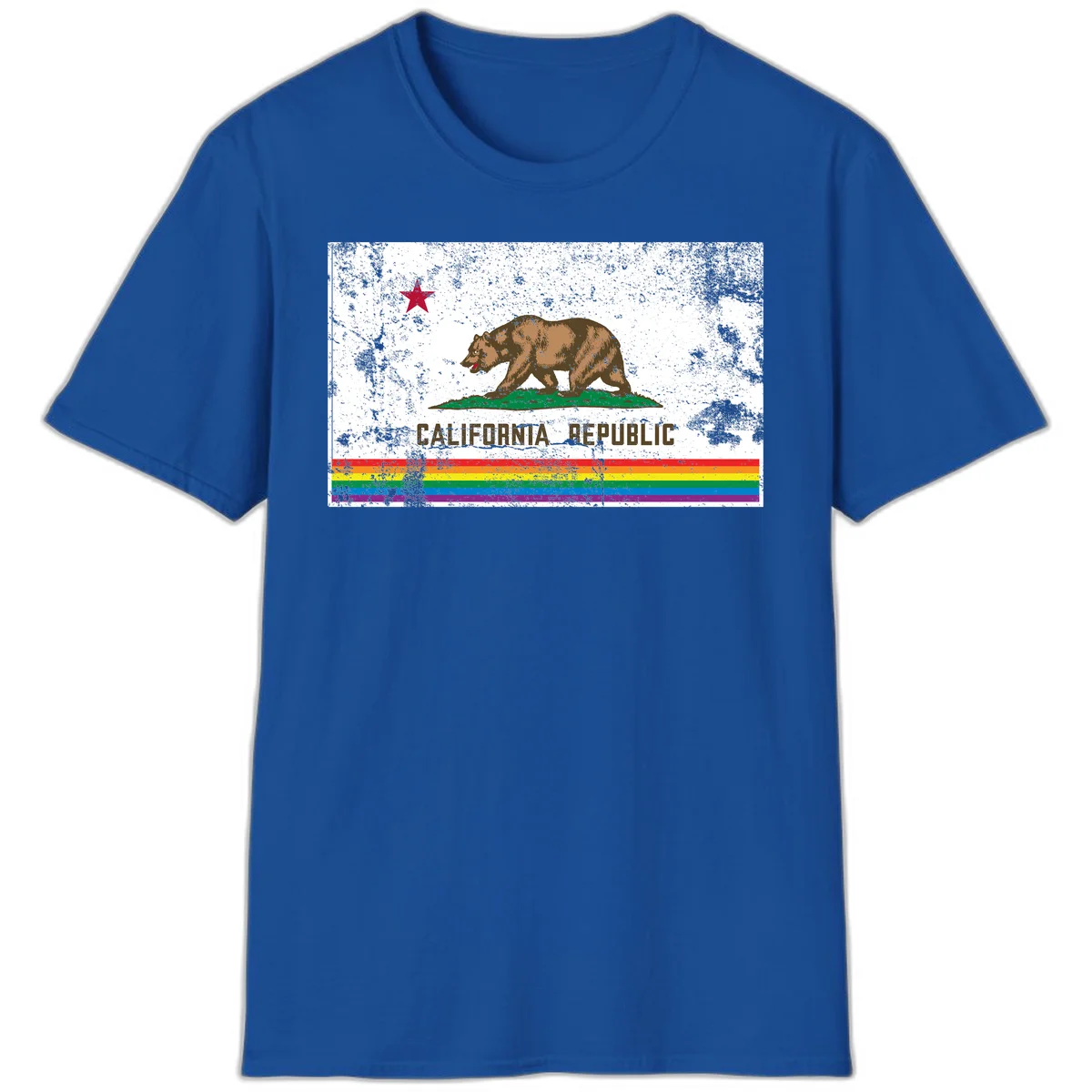 Distressed vintage California Republic flag bear with raised paw on green grass, red star above, CALIFORNIA REPUBLIC text, and rainbow pride stripes below in Royal