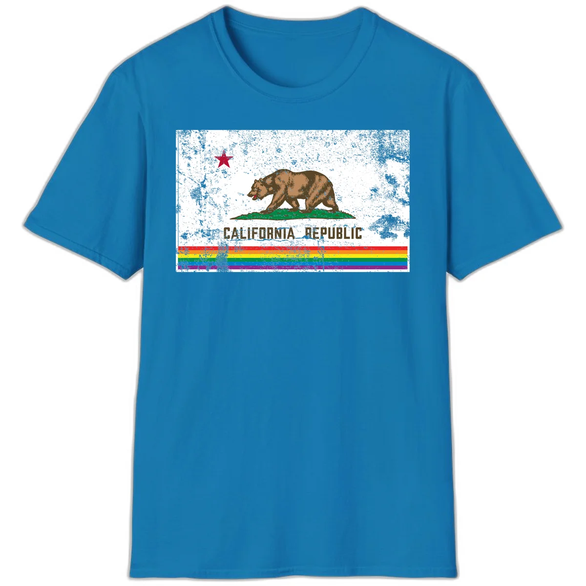 Distressed vintage California Republic flag bear with raised paw on green grass, red star above, CALIFORNIA REPUBLIC text, and rainbow pride stripes below in Sapphire