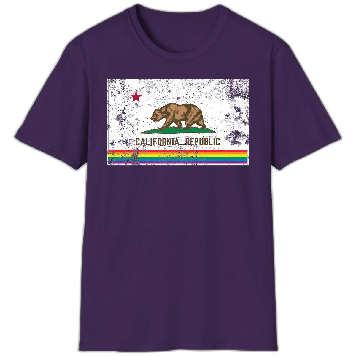 Distressed vintage California Republic flag bear with raised paw on green grass, red star above, CALIFORNIA REPUBLIC text, and rainbow pride stripes below in Purple