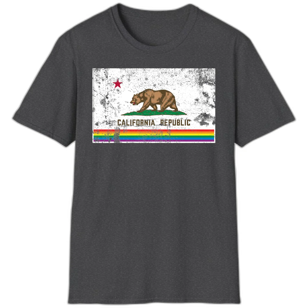 Distressed vintage California Republic flag bear with raised paw on green grass, red star above, CALIFORNIA REPUBLIC text, and rainbow pride stripes below in Dark Heather