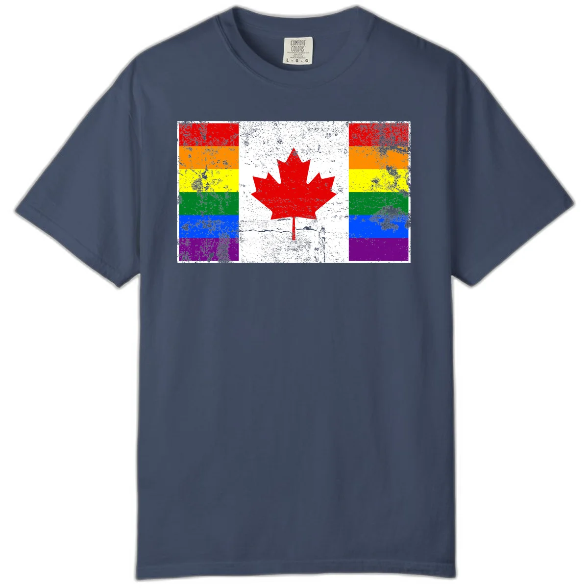 Canadian maple leaf in red and white centered between rainbow pride flag stripes with grunge texture, celebrating Canada pride in Midnight