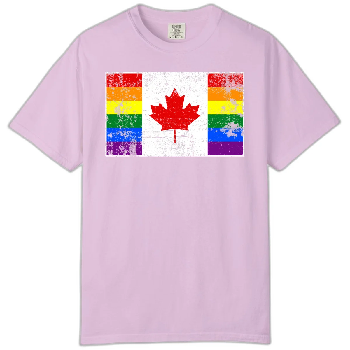 Canadian maple leaf in red and white centered between rainbow pride flag stripes with grunge texture, celebrating Canada pride in Orchid