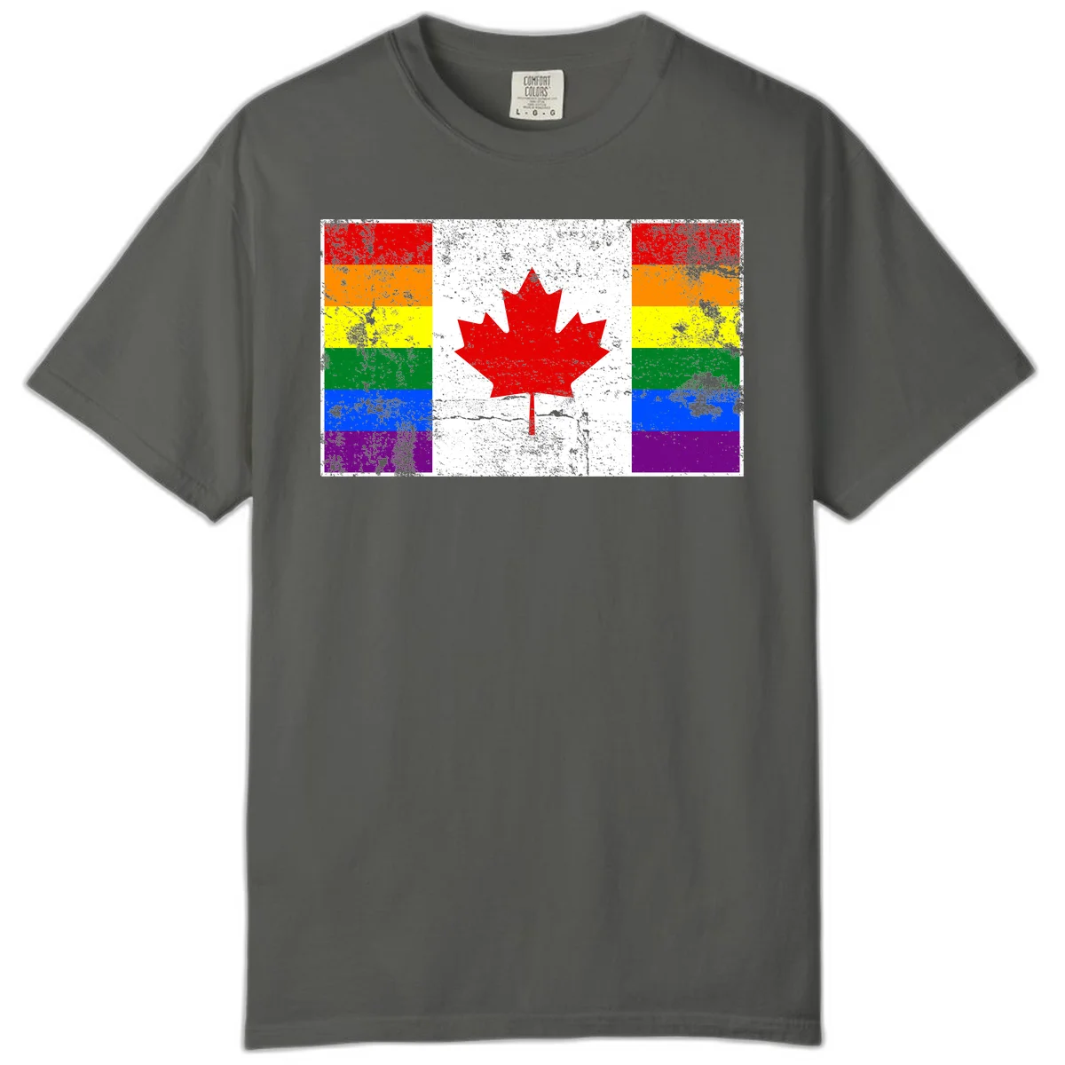 Canadian maple leaf in red and white centered between rainbow pride flag stripes with grunge texture, celebrating Canada pride in Pepper