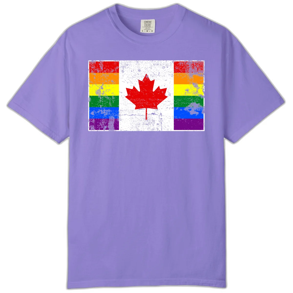 Canadian maple leaf in red and white centered between rainbow pride flag stripes with grunge texture, celebrating Canada pride in Violet