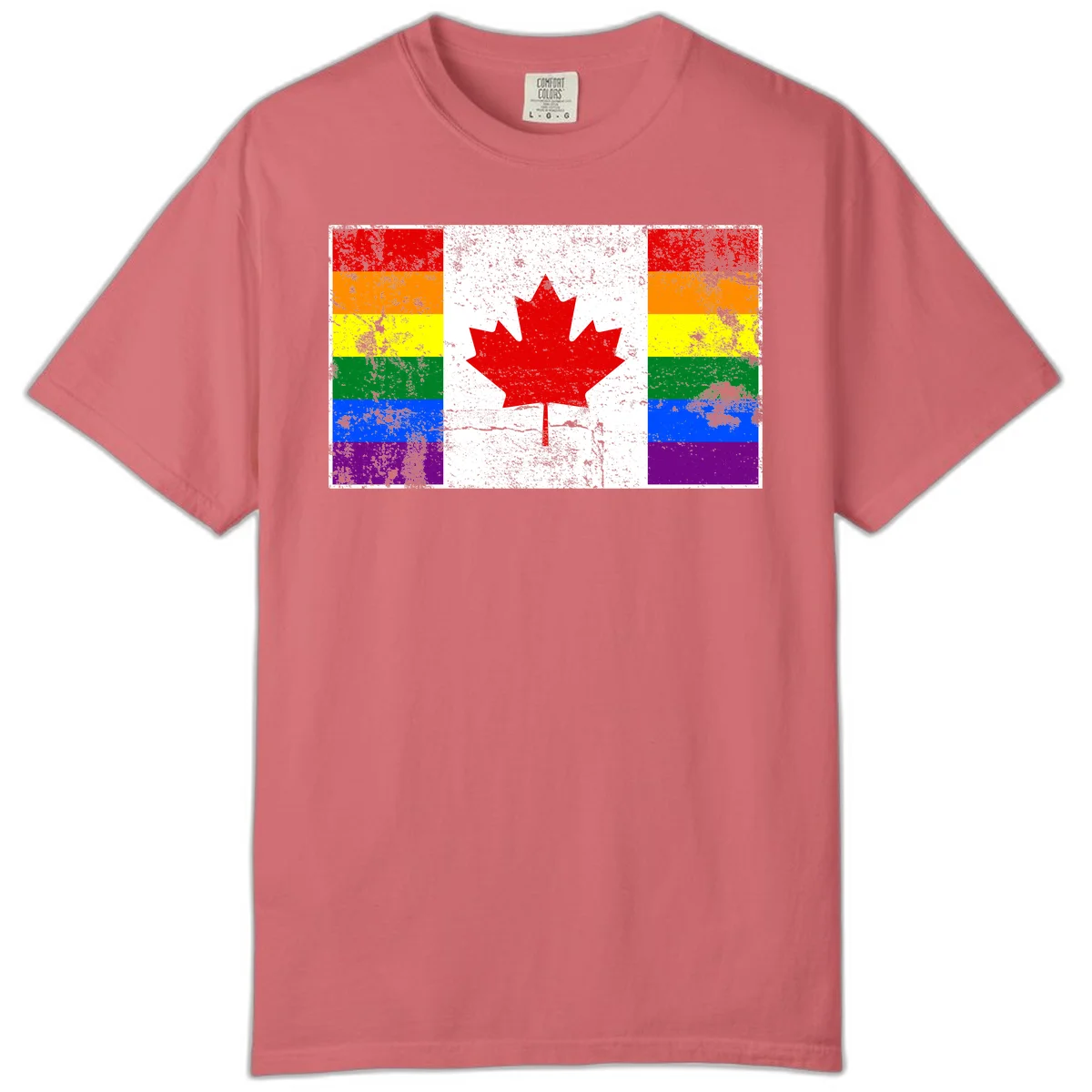 Canadian maple leaf in red and white centered between rainbow pride flag stripes with grunge texture, celebrating Canada pride in Watermelon